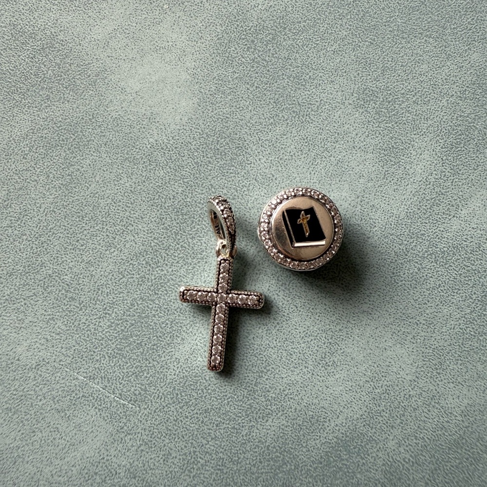 Pandora sterling Silver Cross Pendant and bible charm with rhinestones set